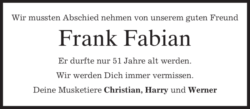  Traueranzeige für Frank Fabian vom 13.09.2011 aus MERKUR & TZ