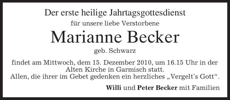  Traueranzeige für Marianne Becker vom 11.12.2010 aus MERKUR & TZ