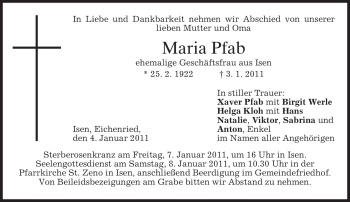 Traueranzeige von Maria Pfab von MERKUR & TZ