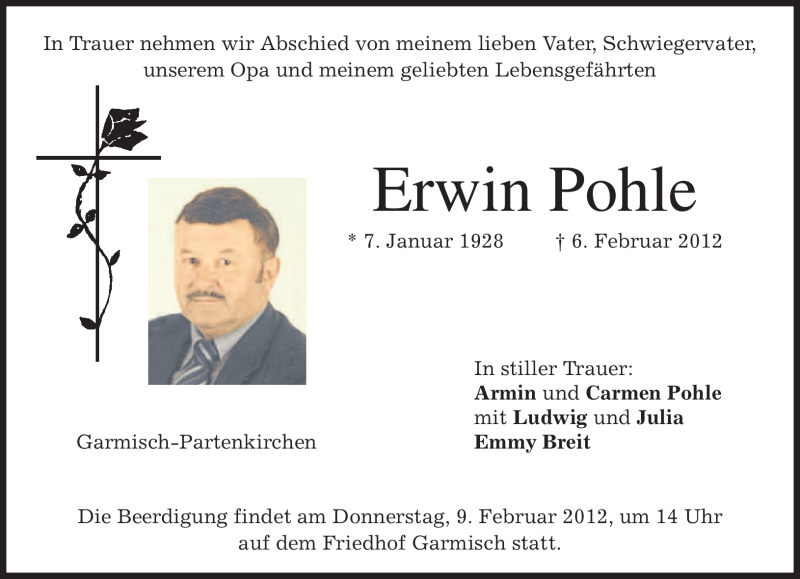  Traueranzeige für Erwin Pohle vom 08.02.2012 aus MERKUR & TZ