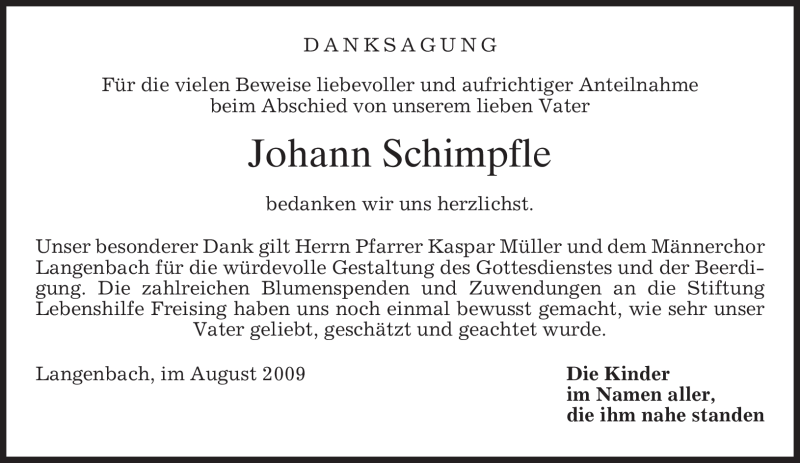 Traueranzeige für Johann Schimpfle vom 08.08.2009 aus MERKUR & TZ