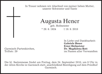 Traueranzeige von Augusta Hener von MERKUR & TZ