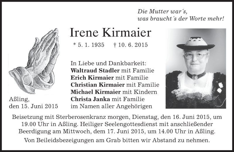  Traueranzeige für Irene Kirmaier vom 15.06.2015 aus merkurtz
