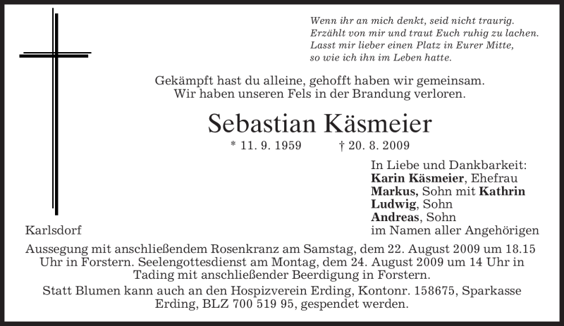  Traueranzeige für Sebastian Käsmeier vom 22.08.2009 aus MERKUR & TZ