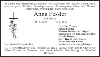 Traueranzeige von Anna Fessler von MERKUR & TZ