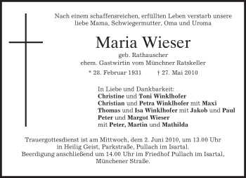 Traueranzeige von Maria Wieser von MERKUR & TZ