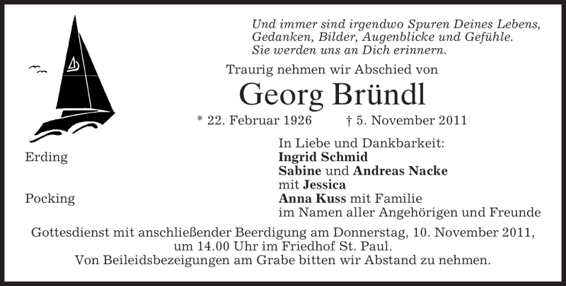  Traueranzeige für Georg Bründl vom 08.11.2011 aus MERKUR & TZ