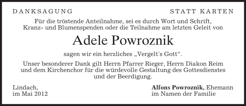  Traueranzeige für Adele Powroznik vom 26.05.2012 aus MERKUR & TZ