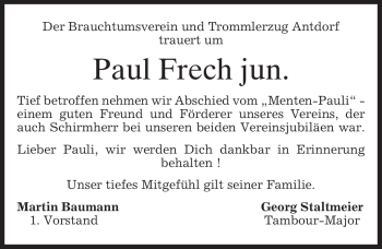 Traueranzeige von Paul Frech von MERKUR & TZ