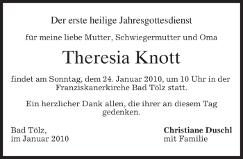 Traueranzeige von Theresia Knott von MERKUR & TZ