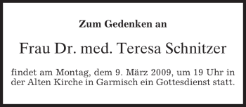 Traueranzeige von Teresa Schnitzer von MERKUR & TZ