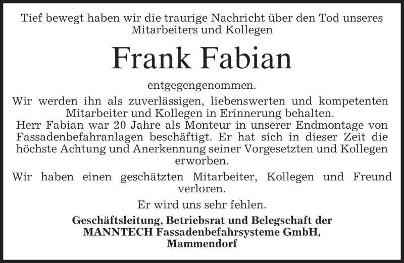  Traueranzeige für Frank Fabian vom 16.09.2011 aus MERKUR & TZ