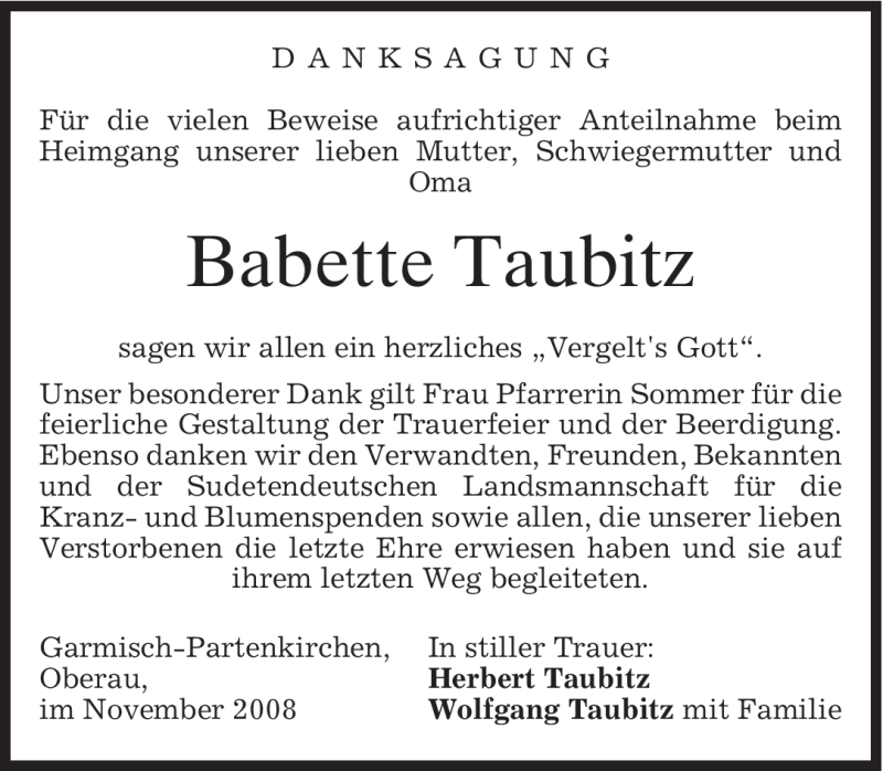  Traueranzeige für Babette Taubitz vom 22.11.2008 aus MERKUR & TZ