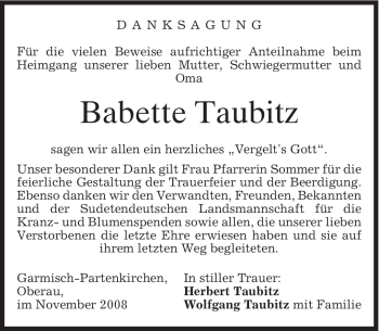 Traueranzeige von Babette Taubitz von MERKUR & TZ