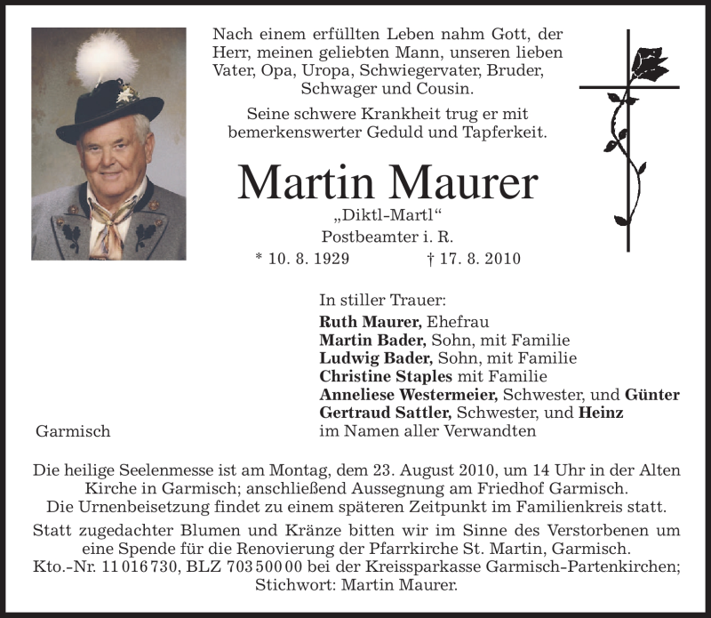  Traueranzeige für Martin Maurer vom 20.08.2010 aus MERKUR & TZ