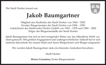 Traueranzeige von Jakob Baumgartner von MERKUR & TZ