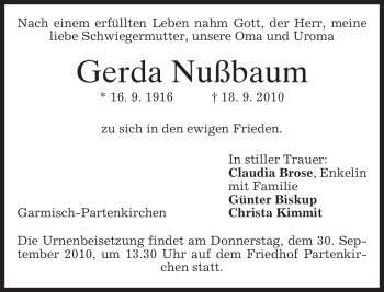 Traueranzeige von Gerda Nußbaum von MERKUR & TZ
