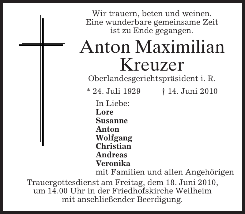  Traueranzeige für Anton Maximilian Kreuzer vom 16.06.2010 aus MERKUR & TZ
