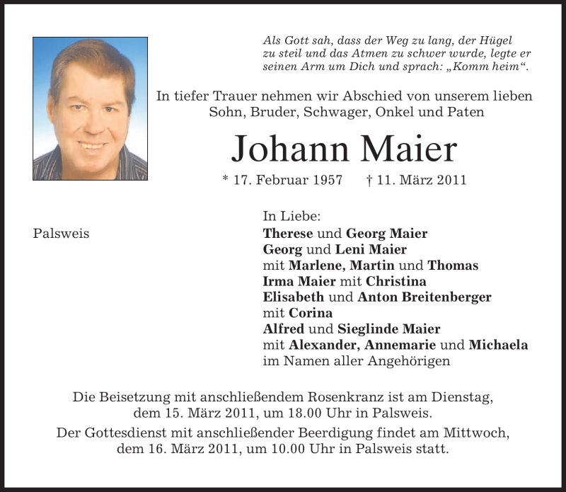  Traueranzeige für Johann Maier vom 14.03.2011 aus MERKUR & TZ