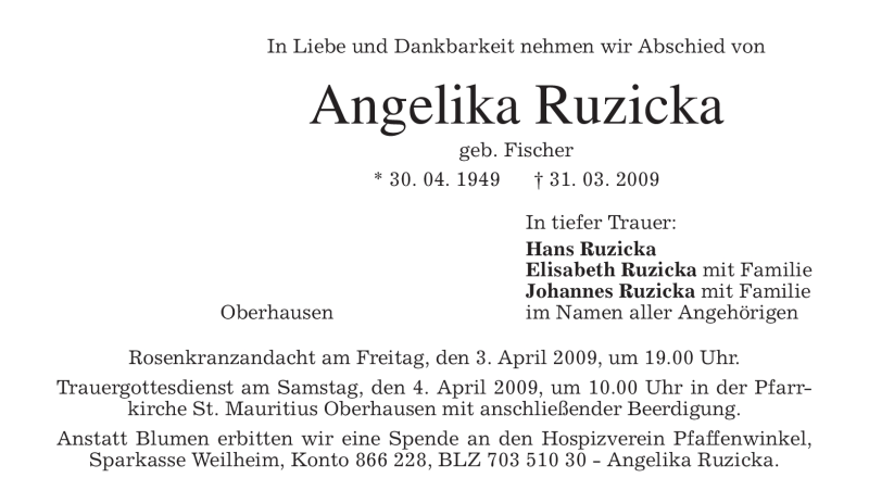  Traueranzeige für Angelika Ruzicka vom 02.04.2009 aus MERKUR & TZ