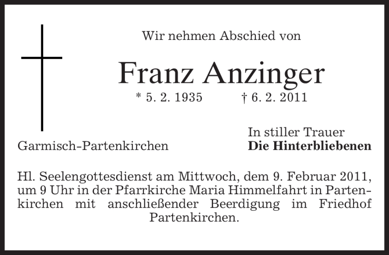  Traueranzeige für Franz Anzinger vom 08.02.2011 aus MERKUR & TZ