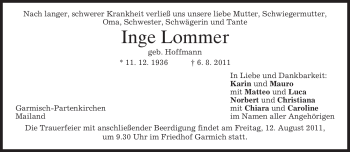 Traueranzeige von Inge Lommer von MERKUR & TZ