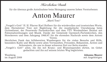 Traueranzeige von Anton Maurer von MERKUR & TZ