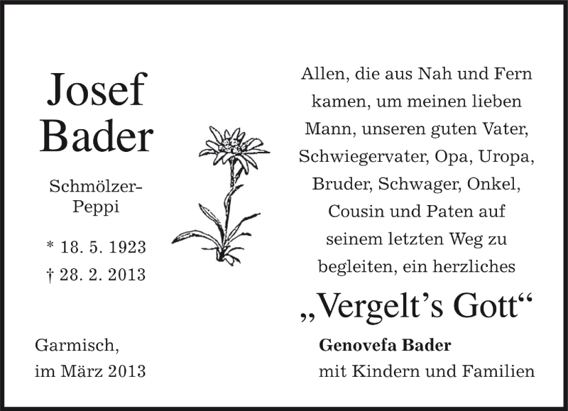  Traueranzeige für Josef Bader vom 28.03.2013 aus Münchener Merkur
