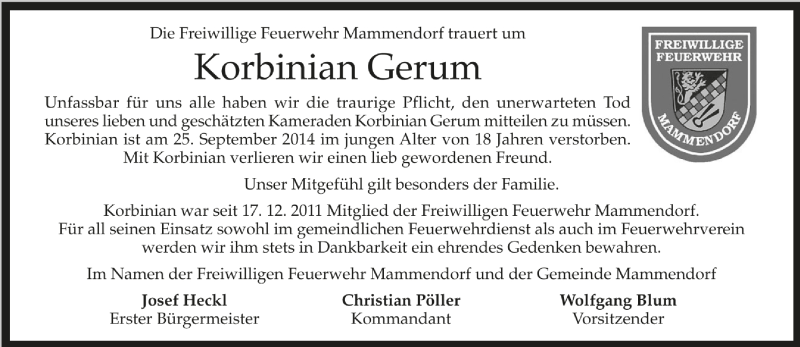  Traueranzeige für Korbinian Gerum - Spross - vom 30.09.2014 aus Münchener Merkur