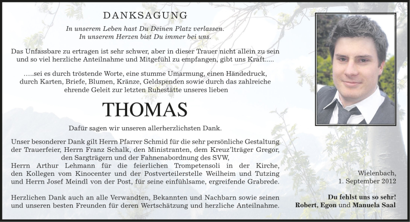  Traueranzeige für Thomas Saal vom 01.09.2012 aus Münchener Merkur
