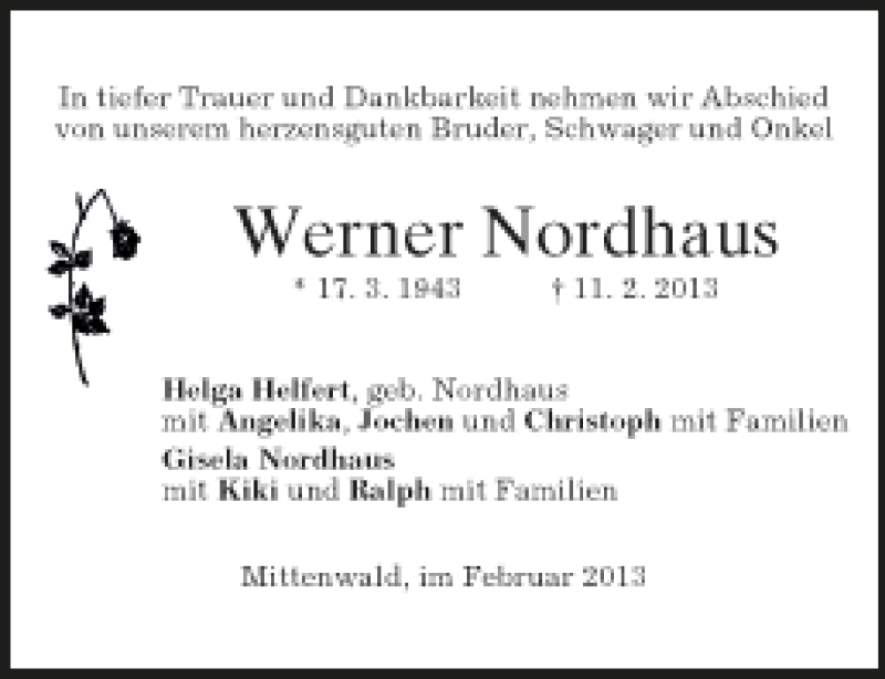  Traueranzeige für Werner Nordhaus vom 19.02.2013 aus Münchener Merkur