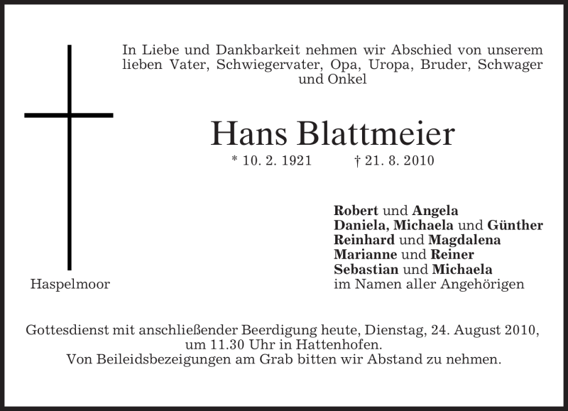  Traueranzeige für Hans Blattmeier vom 24.08.2010 aus MERKUR & TZ