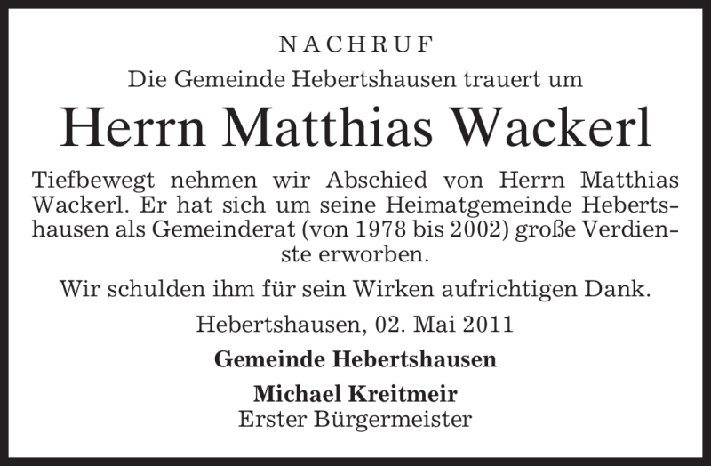  Traueranzeige für Matthias Wackerl vom 03.05.2011 aus MERKUR & TZ