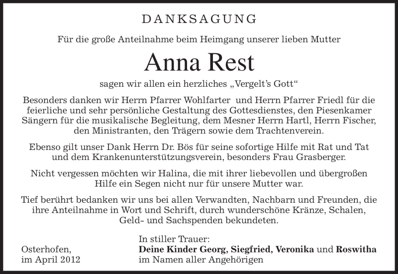  Traueranzeige für Anna Rest vom 14.04.2012 aus MERKUR & TZ