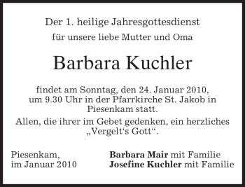 Traueranzeige von Barbara Kuchler von MERKUR & TZ