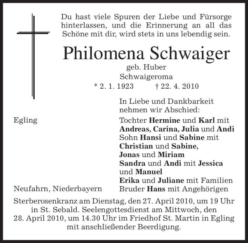  Traueranzeige für Philomena Schwaiger vom 24.04.2010 aus MERKUR & TZ