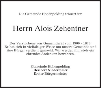 Traueranzeige von Alois Zehentner von MERKUR & TZ