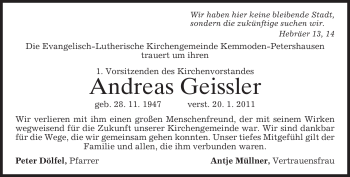 Traueranzeige von Andreas Geissler von MERKUR & TZ