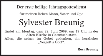 Traueranzeige von Sylvester Breunig von MERKUR & TZ