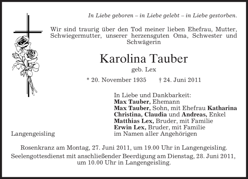  Traueranzeige für Karolina Tauber vom 25.06.2011 aus MERKUR & TZ
