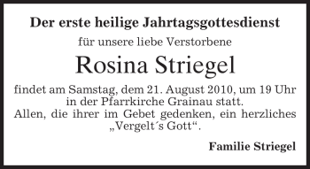 Traueranzeige von Rosina Striegel von MERKUR & TZ