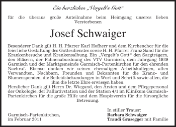 Traueranzeige von Josef Schwaiger von MERKUR & TZ