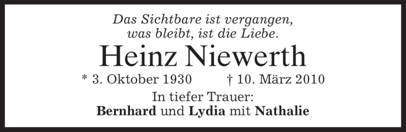  Traueranzeige für Heinz Niewerth vom 20.03.2010 aus MERKUR & TZ