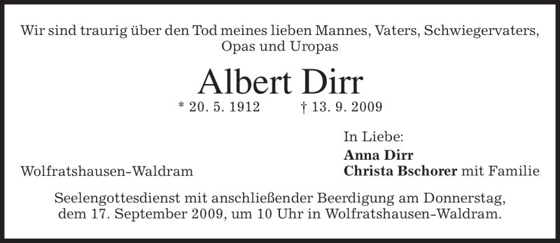  Traueranzeige für Albert Dirr vom 15.09.2009 aus MERKUR & TZ
