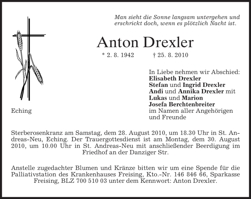  Traueranzeige für Anton Drexler vom 28.08.2010 aus MERKUR & TZ