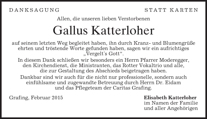  Traueranzeige für Gallus Katterloher vom 28.02.2015 aus merkurtz