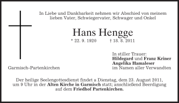 Traueranzeige von Hans Hengge von MERKUR & TZ
