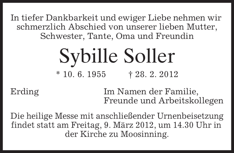  Traueranzeige für Sybille Soller vom 06.03.2012 aus MERKUR & TZ