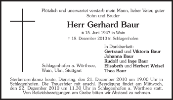 Traueranzeige von Gerhard Baur von MERKUR & TZ