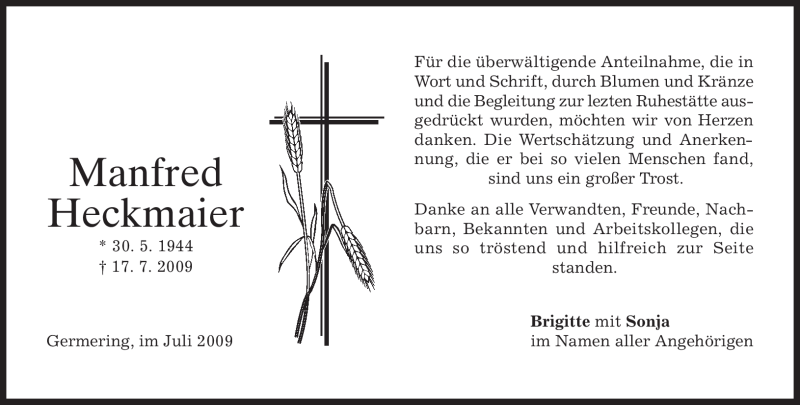  Traueranzeige für Manfred Heckmaier vom 25.07.2009 aus MERKUR & TZ
